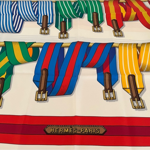 HERMES Silk Scarf Les Sangles 90cm design Jacques Eudel EUC 1980s - Picture 12 of 13
